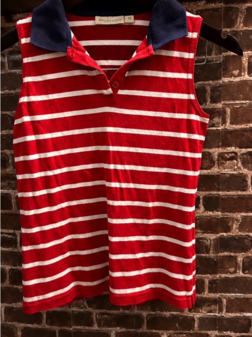 croft & barrow Red and White Sleeveless Stripe Polo with Navy Collar